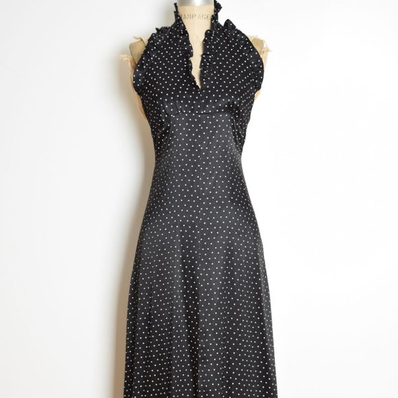 vintage 70s dress black satin STAR print ruffle long maxi prom party disco XS S - Picture 3 of 9